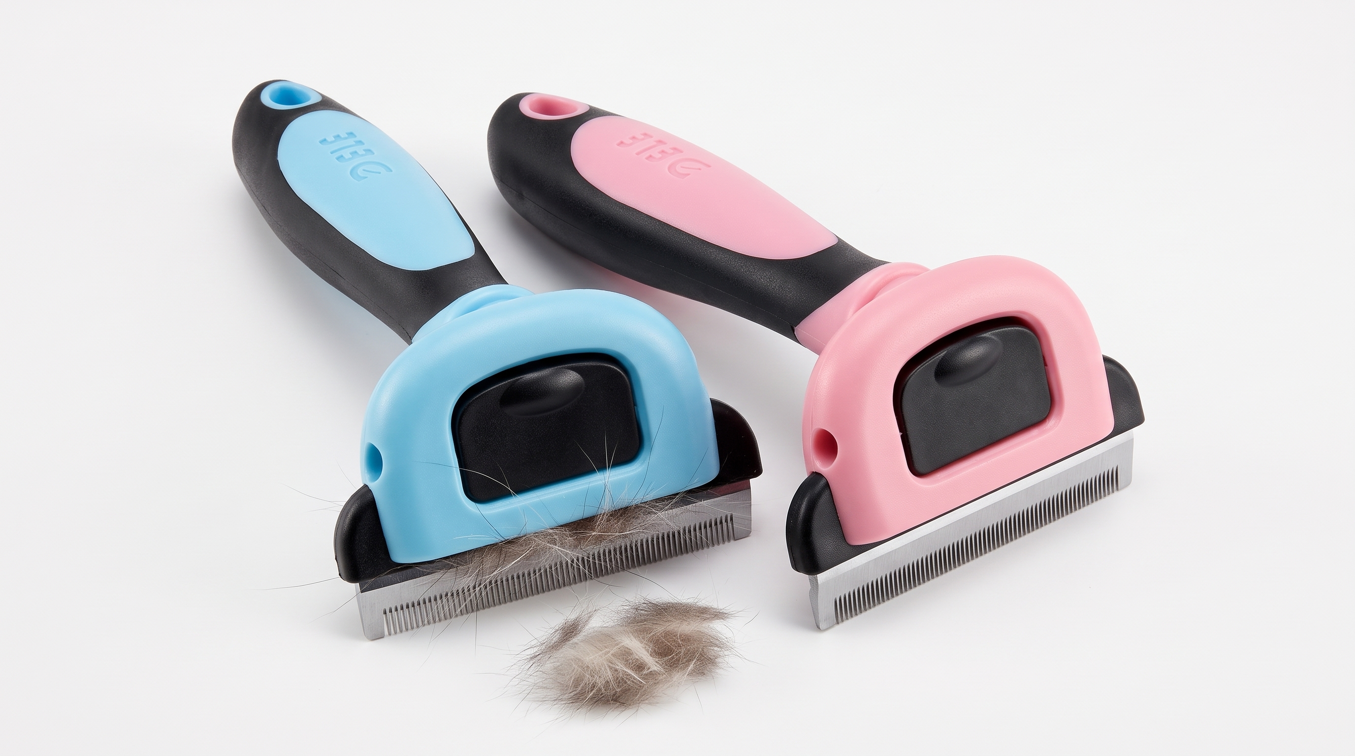 Undercoat deshedding brush in sky blue and blush pink, with a tuft of removed fur